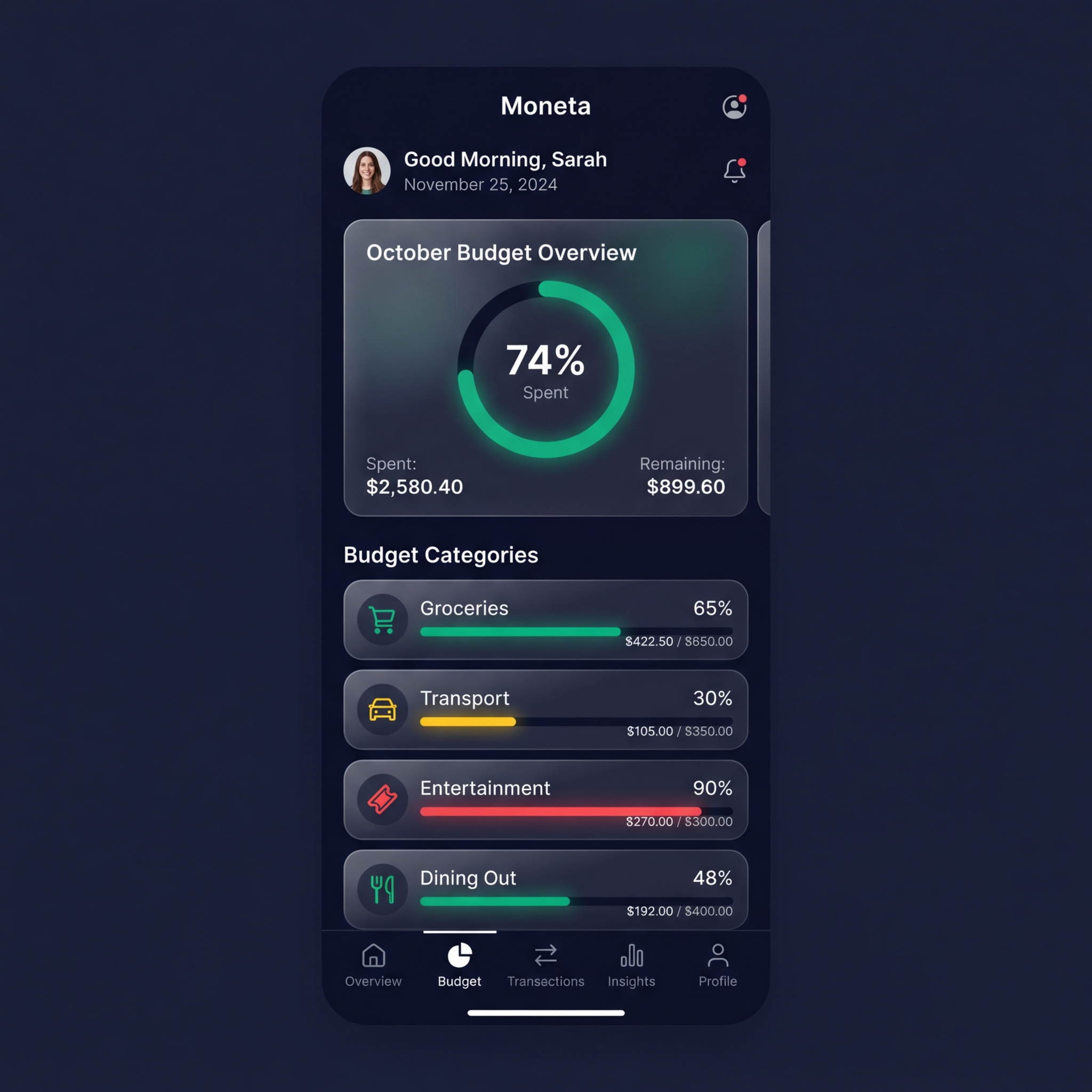 Finadify bütçe görünümü
