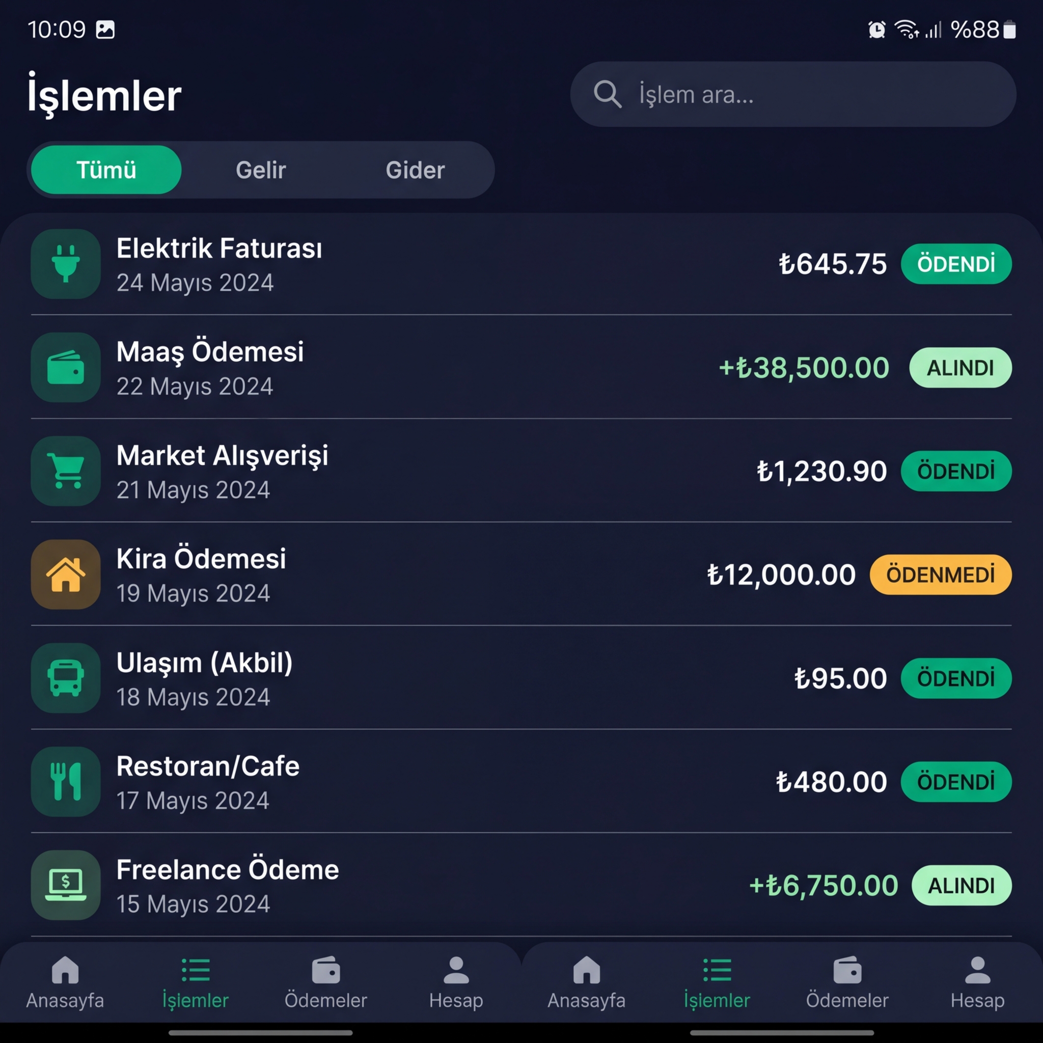 Finadify işlem akışı ekranı